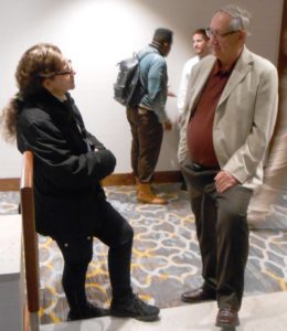 LanzaTech CEO Jennifer Holmgren visits with Advanced Biofuels USA's Bill Brandon at pre-conference meeting.