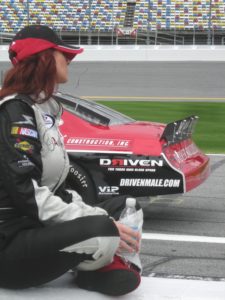 Jennifer "Jen" Jo Cobb concentrates in the Daytona pits before practice.