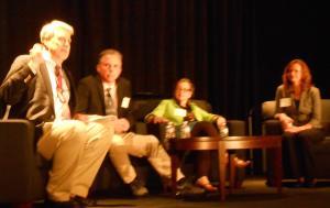 From left, Mark Johnson (DOE ARPA-E), Harry Atwater (JCAP), Jennifer Holmgren (LanzaTech), Kathy Ayers (Proton Onsite)